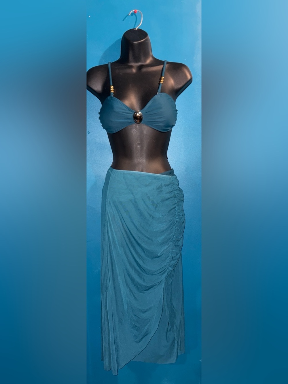 SHEIN Teal Three-Piece Bikini Set with Decorative Center Accent